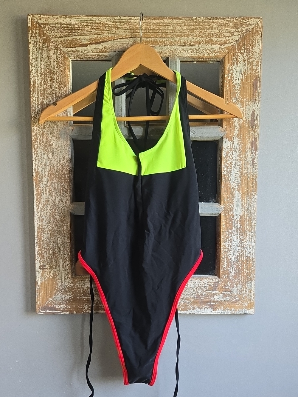 Color Block Women’s Neon Green & Black One-Piece Swimsuit with Red Trim